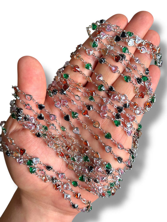 Rodyum Kaplama Kalp Zirkon Zincir 50cm