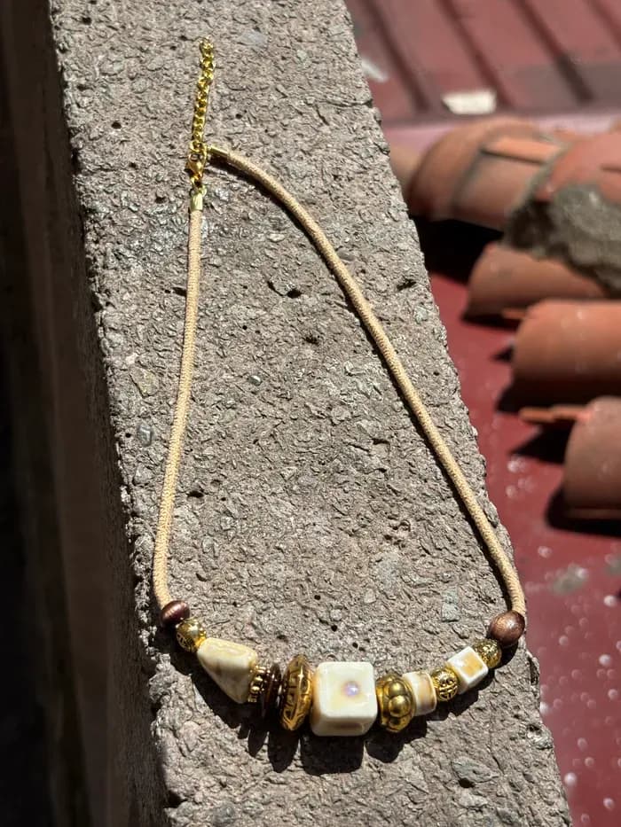 Vintage Mermer Taş Deri Kolye