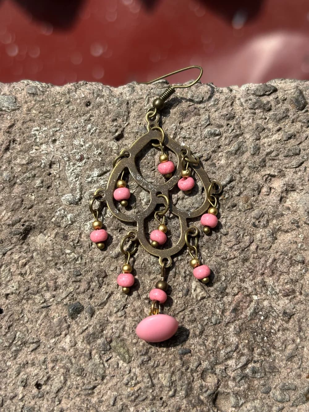 Vintage Bronz Pembe Boncuk Küpe