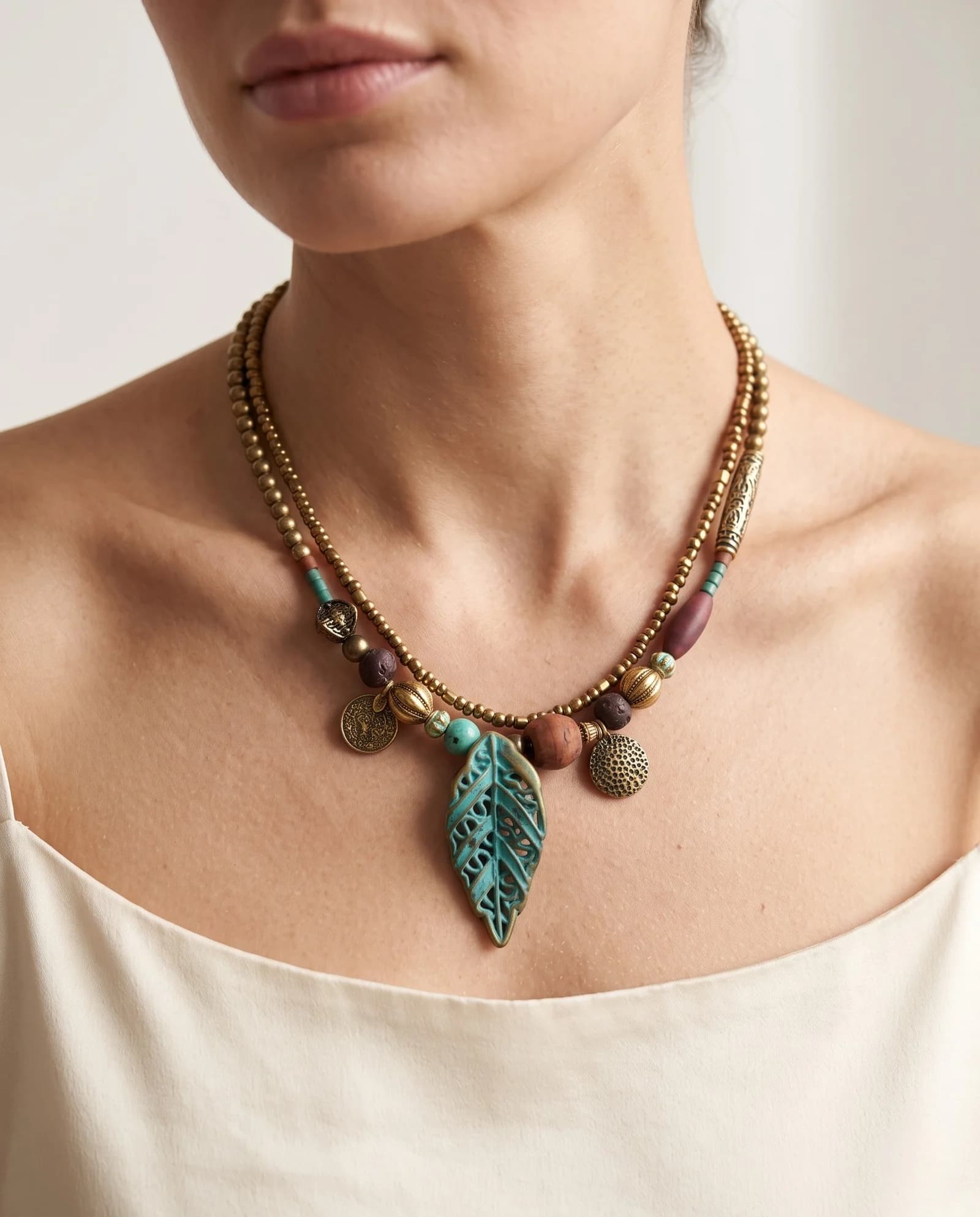 Namaste El Yapımı Boho Yaprak Kolye — Turkuaz Patine & Altın Boncuk 2