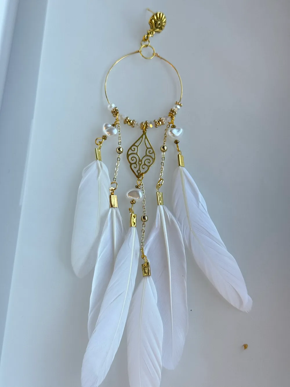 Boho Dream Catcher Beyaz Tüy Küpe