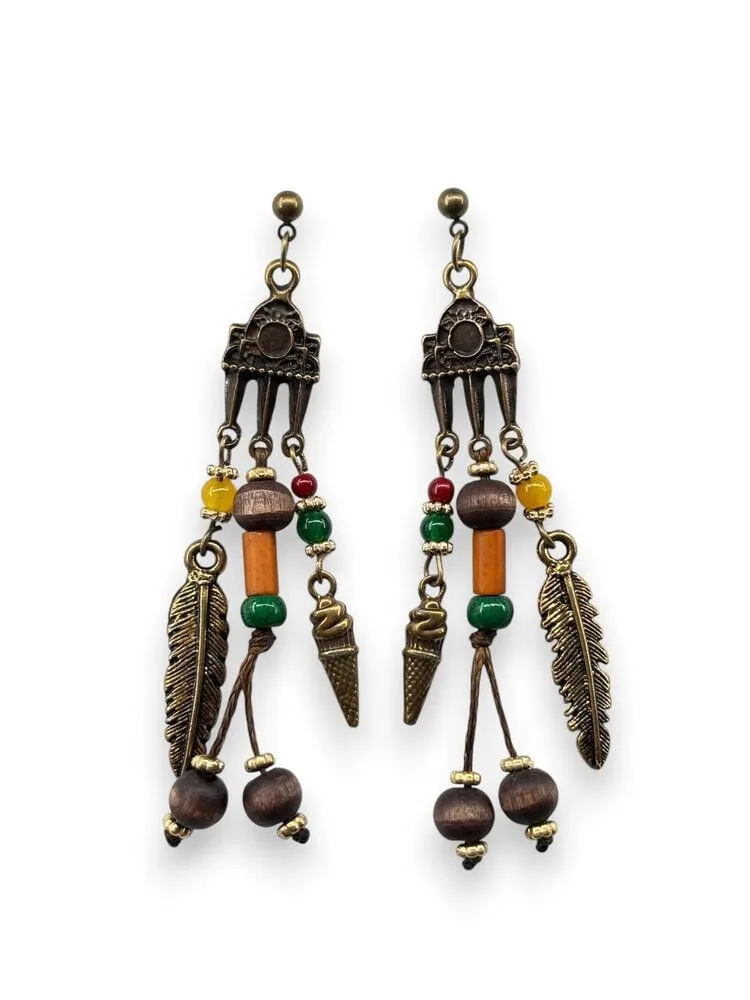 Etnik Tüylü Bronz Metal Sallantılı Küpe 1