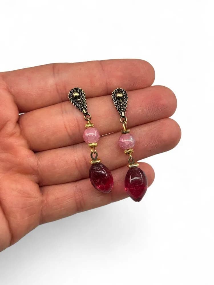 Pembe Bordo Damla Taşlı Küpe 1