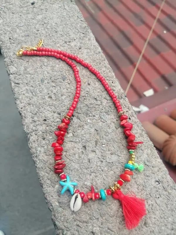 Bohem Kırmızı Boncuk Püsküllü Kolye 1