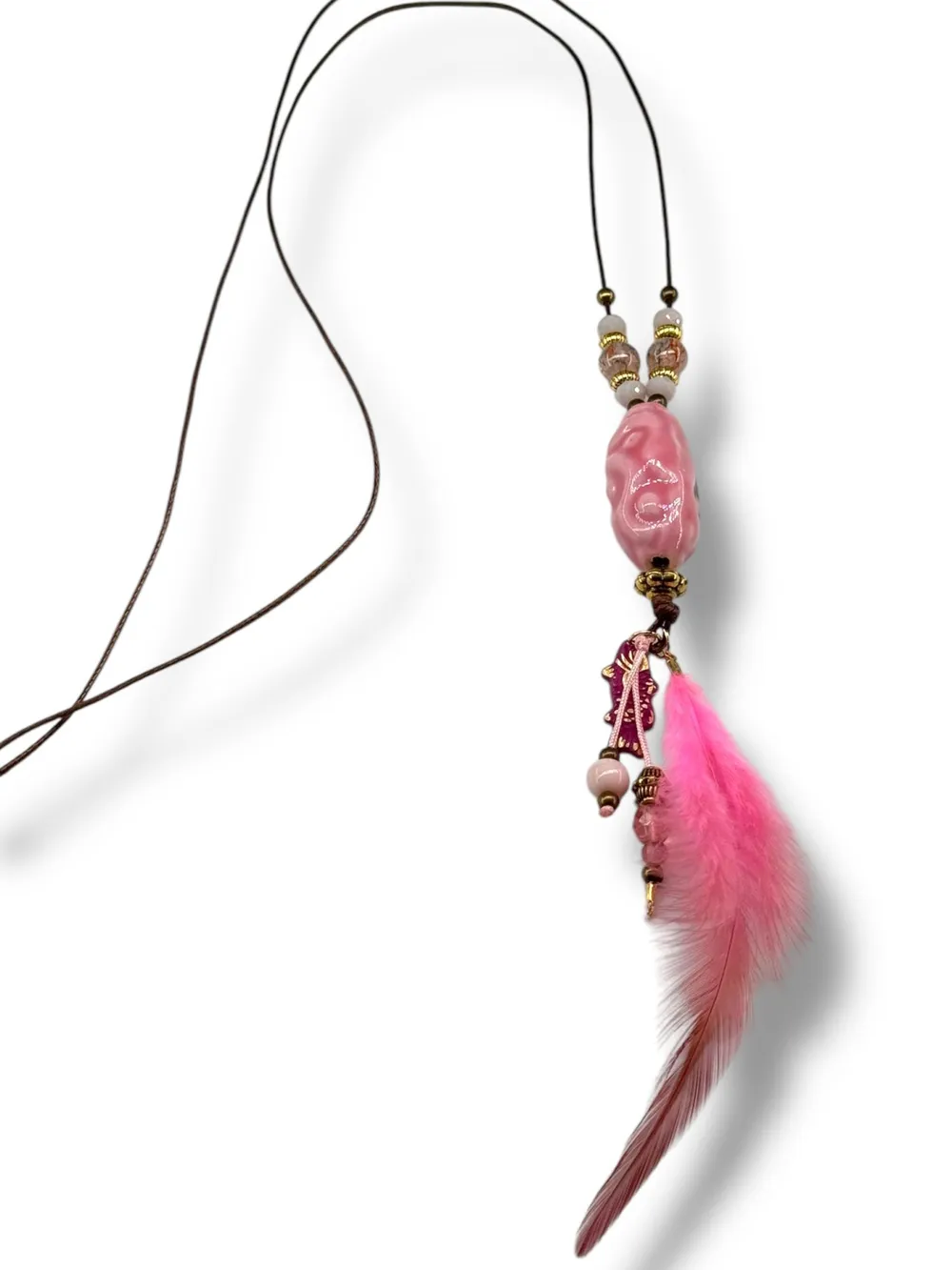Bohem Pembe Tüy Sarkıtlı Kolye 1