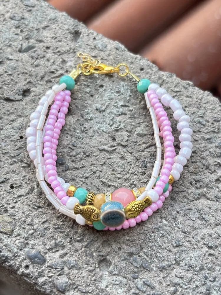 Pembe Boncuk Labradorit Merkez Bileklik 1