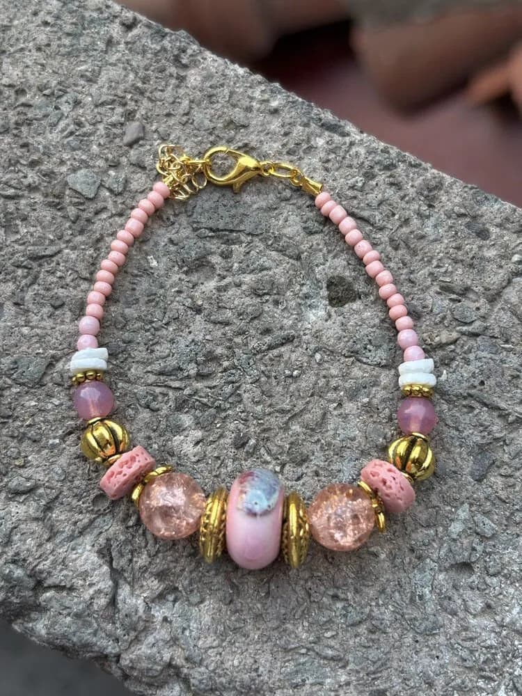 Pembe Bakır Cam Boncuk Bileklik 1