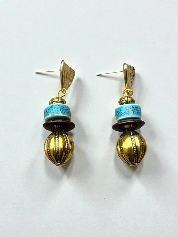 Etnik Altın Oval Turkuaz Küpe 1