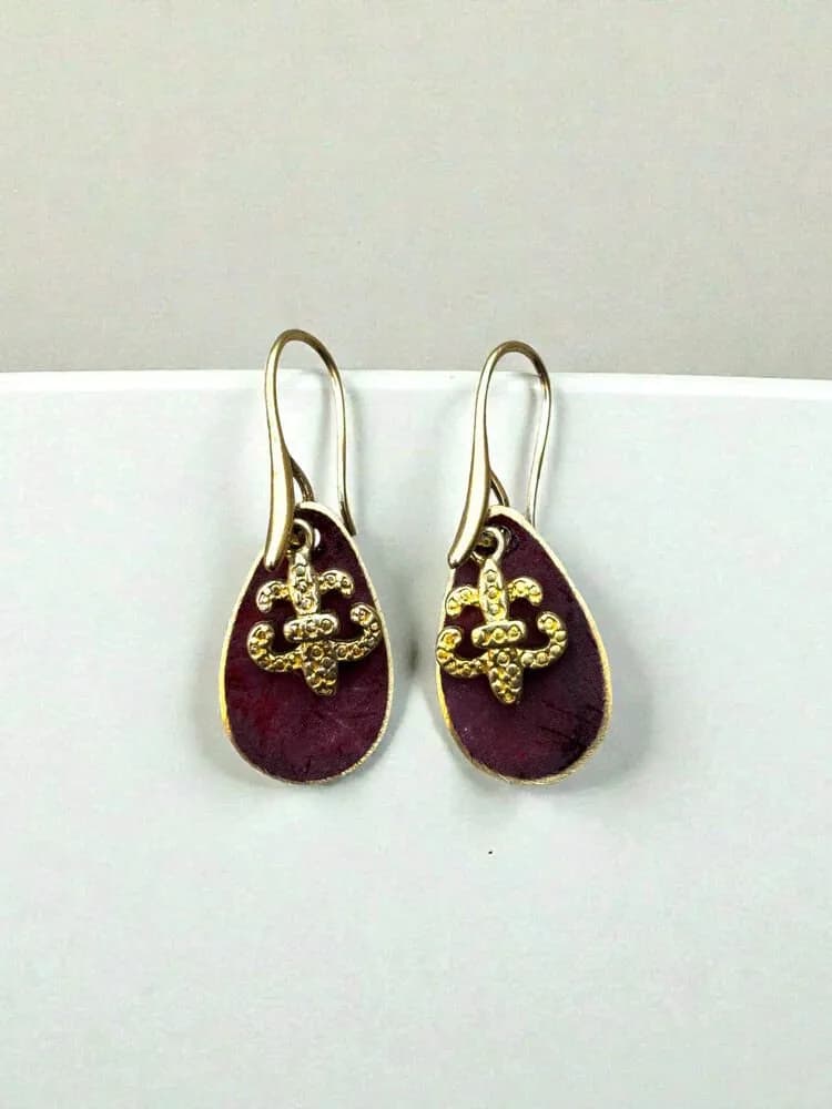 Vintage Mor Teardrop Altın Çiçek Küpe 1