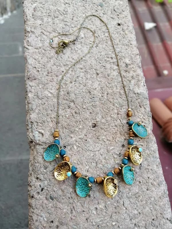 Etnik Turkuaz Taş Altın Çiçek Kolye 1