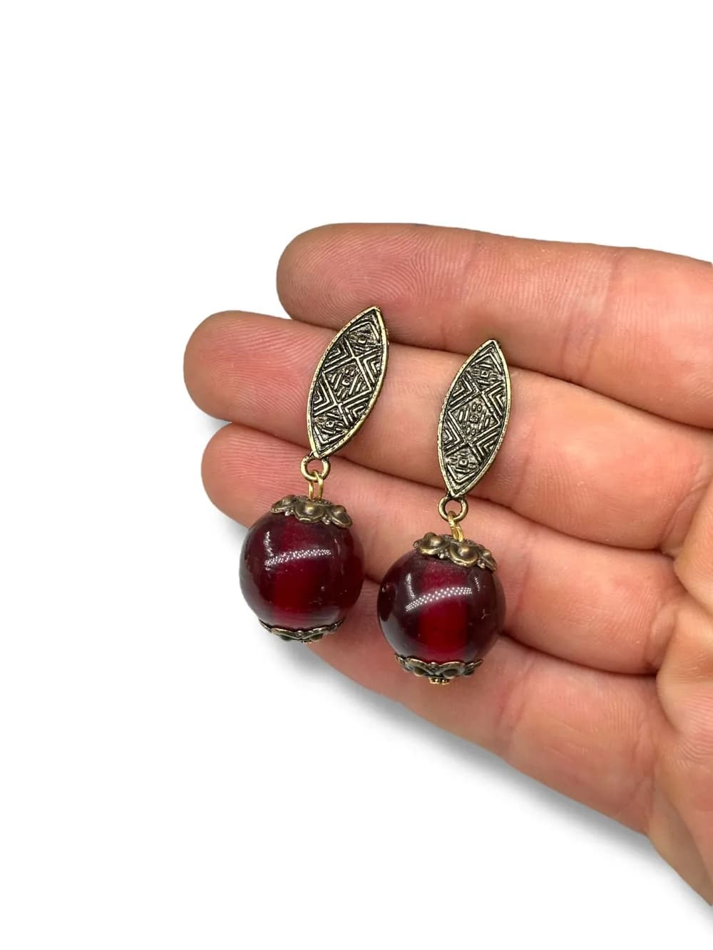 Antik Geometrik Bordo Kristal Küpe 1