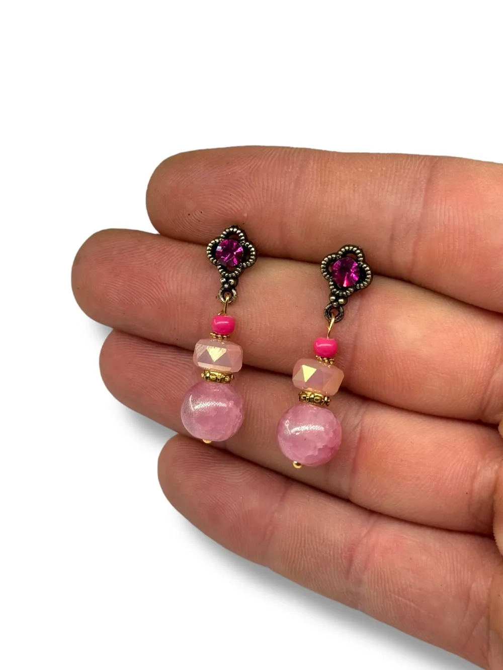 Pembe Ametist Kristal Sallantılı Küpe 1