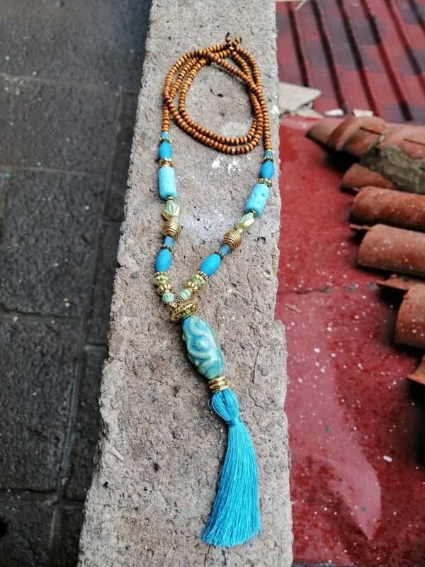 Boho Turkuaz Taş Püsküllü Kolye 1