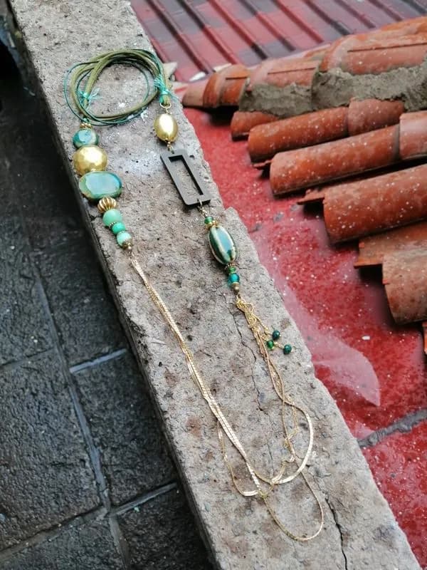 Boho Turkuaz Patine Cam Boncuk Kolye 1