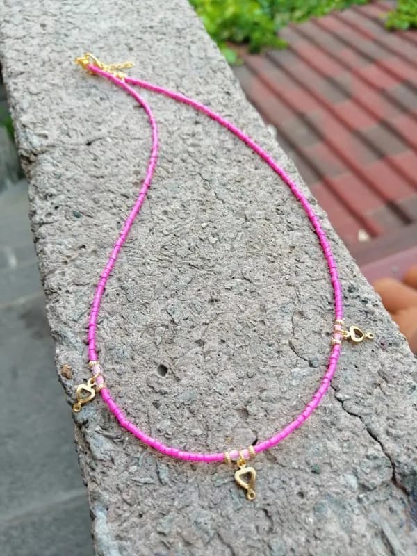 Pembe Cam Boncuk Charm Kolye 1