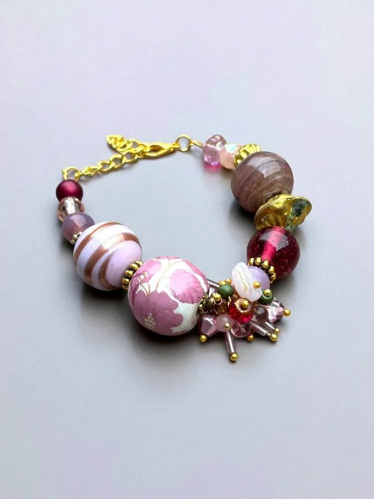 Pembe Ahşap Cam Charm Bileklik 1