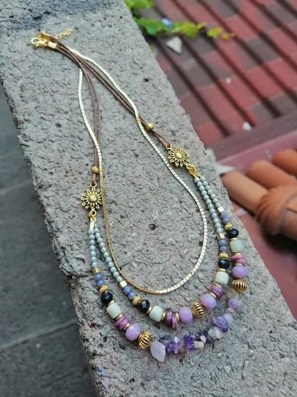 Bohem Mor Taş Sarkıtlı Kolye