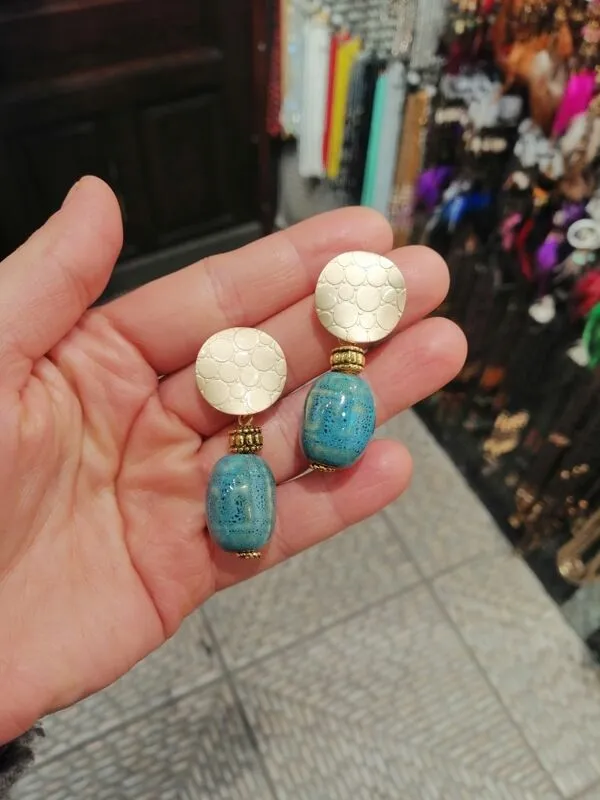 Etnik Krem Turkuaz Taş Küpe 1