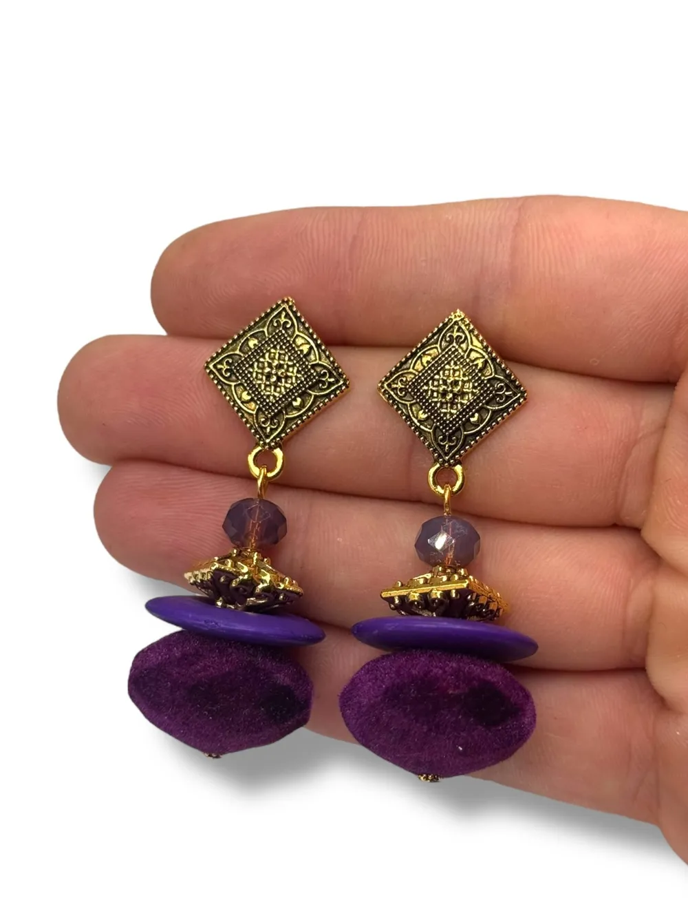 Vintage Altın Diamant Mor Velours Küpe 1