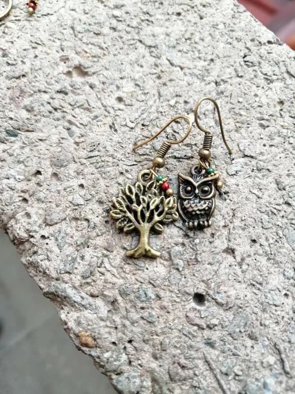 Antik Ağaç ve Baykuş Motif Küpe Seti 1
