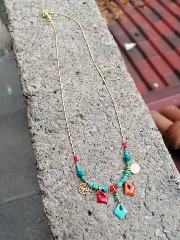 Turkuaz Taş Sarkıtlı Çift Zincir Kolye 1