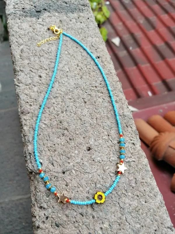 Turkuaz İp Çiçek Sarkıtlı Kolye 1