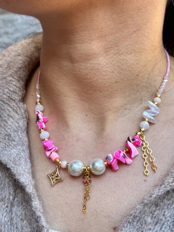 Pembe Çiçek ve Yıldız Charm Kolye 1