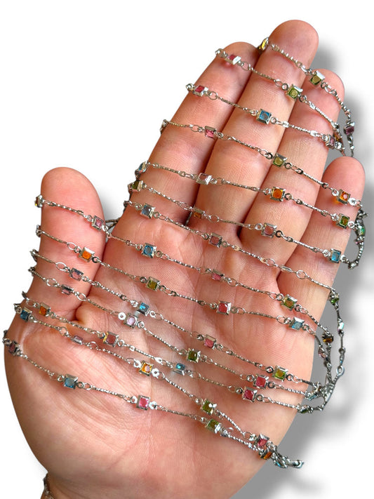 Rodyum Kaplama Kare Zirkon Zincir 50cm